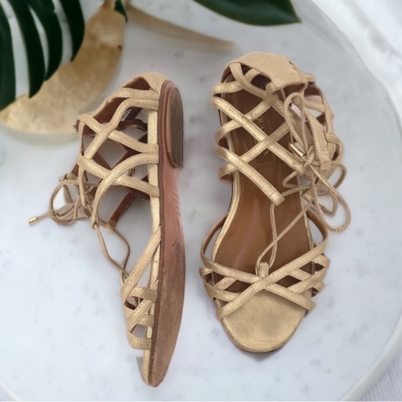 Aquazzura Gold Metallic Leather Lace Up Lattice Gladiator Flat Sandal 5.5 - Picture 1 of 7